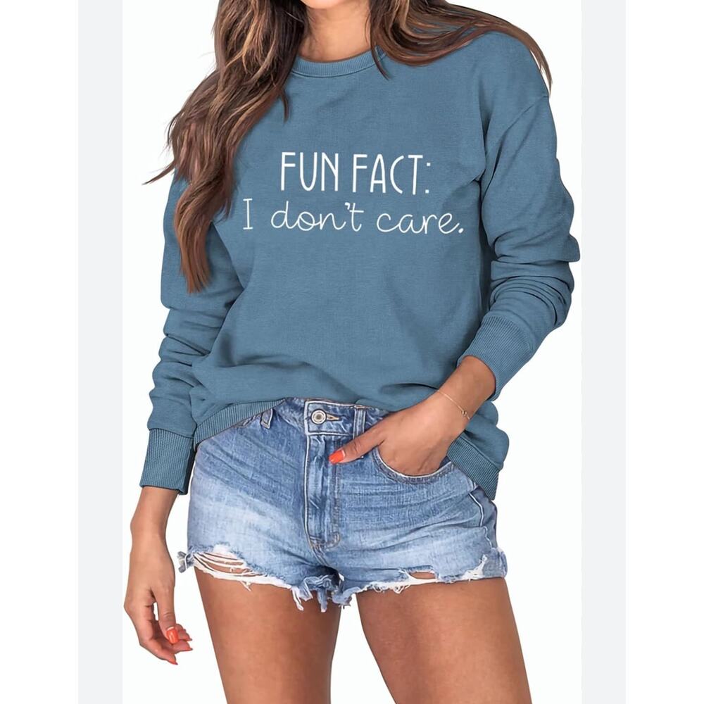 Eadinve "Fun Fact I Don't Care" NEW Women's Blue Sweatshirt Sz L Stretchy Humor